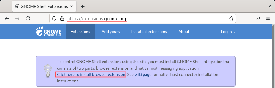 Firefox screenshot that illustrates how to install the GNOME Extensions add-on, needed to install GNOME Shell extensions.