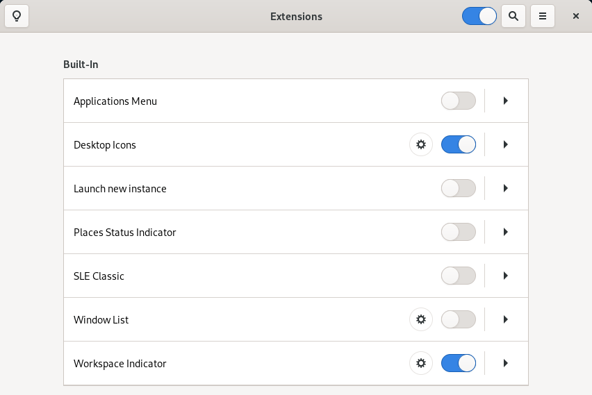 Screenshot of the GNOME Extensions application, which replaces a part of the GNOME Tweaks program starting with the GNOME 40 desktop environment.