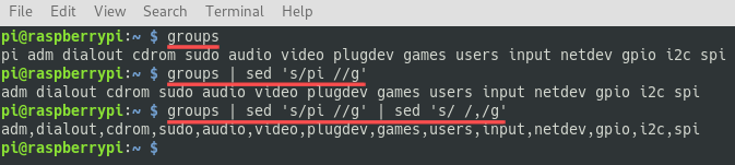 Terminal screenshot that further explains how the command piping works, that we used in the one-liner to add our new user to the same group as the pi user.