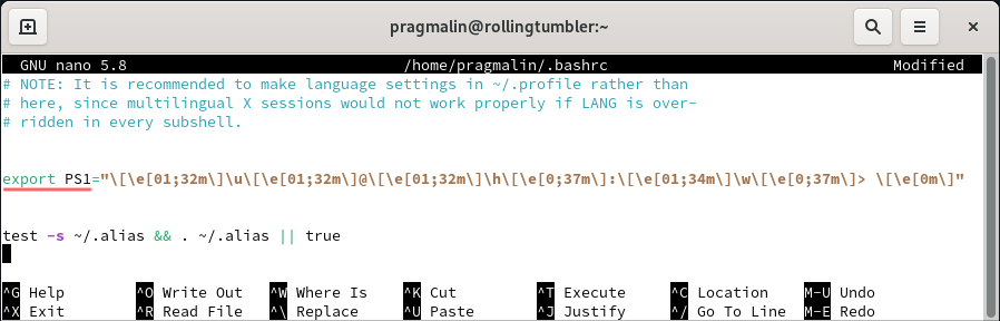 Adding some color to the Bash prompt is the fourth thing to do after installing openSUSE Tumbleweed. This screenshot shows how to add the PS1 variable to the .bashrc file for coloring the primary prompt string.