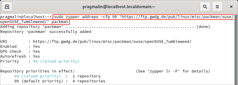 Terminal screenshot that shows how to add the Packman repository to openSUSE Tumbleweed.