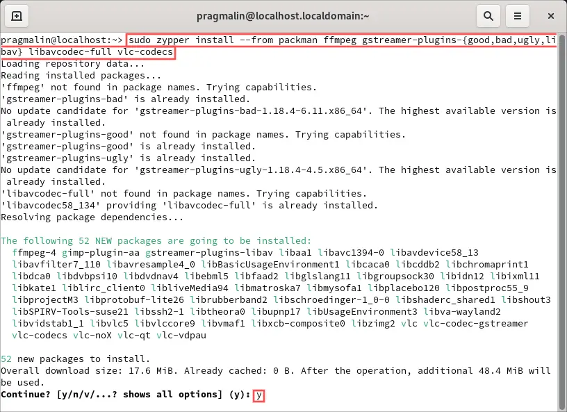 Terminal screenshot that shows how to install the multimedia codecs on openSUSE Tumbleweed from the Packman repository.