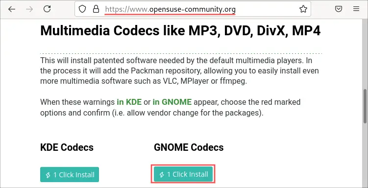 The second thing to do after installing openSUSE Tumbleweed, is the installation of the multimedia codecs. This web browser screenshot explains how to start this using the 1-click approach.