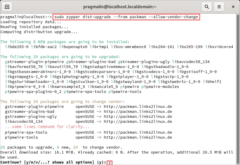 Screenshot that shows how to update currently installed packages to those present in the openSUSE Tumbleweed Packman repository, by allowing a vendor change.