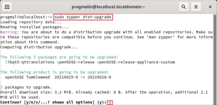 Updating the software packages on the system is the first thing to do after installing openSUSE Tumbleweed. This terminal screenshot shows how to do this with the help of command "sudo zypper dist-upgrade".