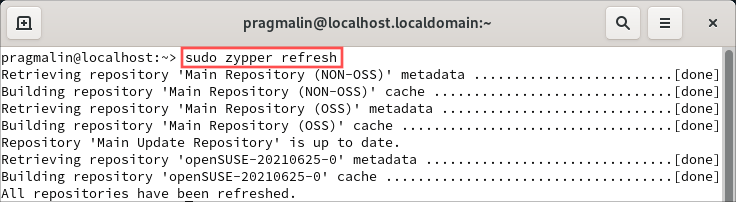 Terminal screenshot showing how to refresh the openSUSE Tumbleweed package repositories with command "sudo zypper refresh".