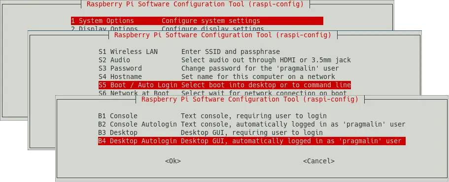 A few screenshots of the raspi-config tool that show how to reconfigure the user that your Rasbperry PI operating system automatically logs in to the desktop environment.