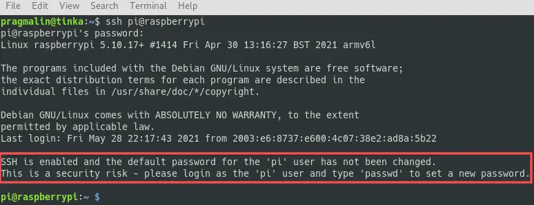 Screenshot of the pi user login in via SSH. It highlights the security warning related to the default password.