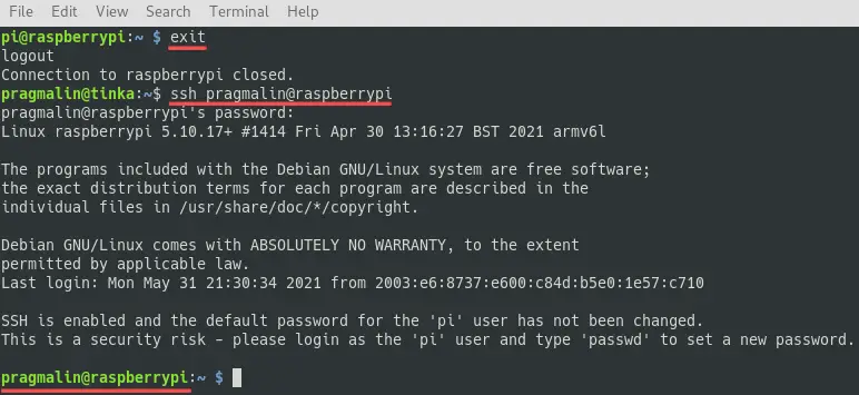 Terminal screenshot that illustrated what it looks like when you login as the new user via SSH. You should verify that the new user account works, before moving on to delete the pi user from your Raspberry PI.