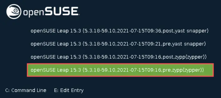 openSUSE boot menu screenshot that shows the list of available read-only snapshots. It highlights the snapshot from before installing HTOP.