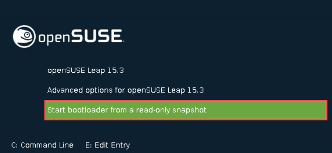 Screenshot of the openSUSE boot menu. It highlights how to select a read-only snapshot to boot from. This is the first step in how to rollback to a snapshot on openSUSE.