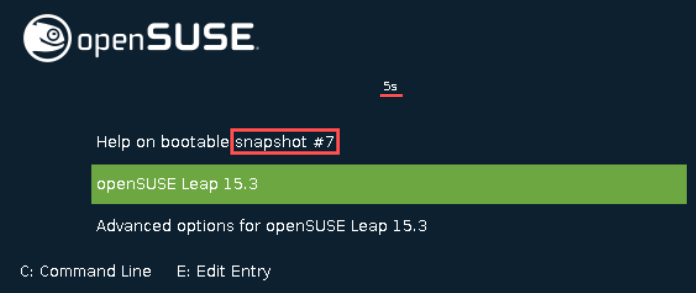 openSUSE boot menu screenshot that shows how to boot from a selected snapshot. The root partition will be in read-only mode once the system booted.