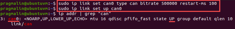 Terminal screenshot that shows how to configure and bring up the SocketCAN network interface with the help of commands "sudo ip link set can0 type can bitrate 500000 restart-ms 100" and "sudo ip link set up can0".