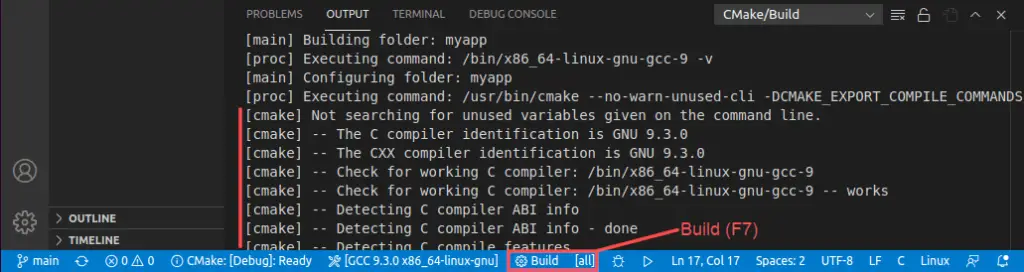 Screenshot of the output window and status bar of Visual Studio Code. It highlights how you can build the CMake project, by clicking the "Build" text in the status bar or by pressing F7.