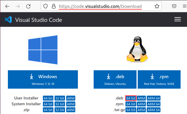 Web browser screenshot showing you where and how to download the DEB package of Visual Studio Code for your 64-bit Linux system.