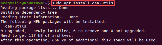 Terminal screenshot that shows how to install the can-utils package on Ubuntu with the APT package manager. Package can-utils contains command-line program, such as candump and cansed, for communicating CAN messages on the CAN bus.