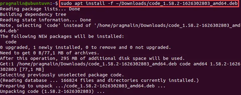 Terminal screenshot showing you how to manually install the DEB package of Visual Studio Code on an Ubuntu or Debian system.