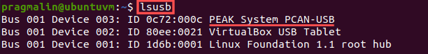 Screenshot showing the output of the lsusb command to check if the Linux system properly detected the USB-to-CAN adapter, after pluggin it in.