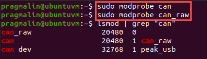 Terminal screenshot that shows how to load the "can" and "can_raw" kernel modules with the help of the "modprobe" command.