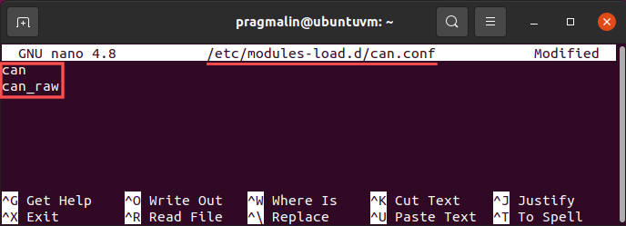 Editiing a file with Nano inside the "/etc/modules-load.d" directory. It lists the "can" and "can_raw" kernel modules, such that they will be loaded into the kernel automatically, each time you boot your Linux system.