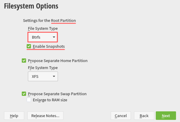 openSUSE installer screenshot that highlights how to select the Btrfs filesystem for the root partiiton.This is needed to be able to use and rollback snapshots on openSUSE.