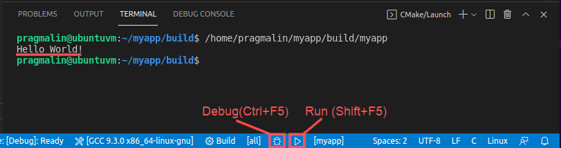 Visual Studio Code screenshot, highlighing the text to click on the status bar to run or debug a CMake imported C / C++ project. You can also press SHIFT+F5 and CTRL+F5, respectively.