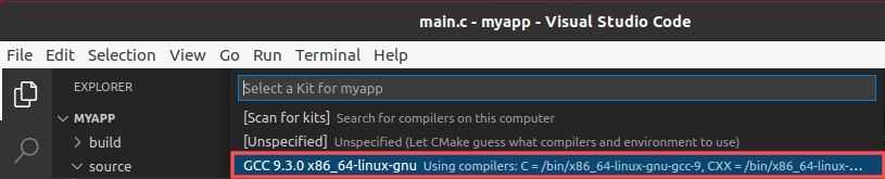 Visual Studio Code screenshot showing you how to select the CMake kit to use for building the C or C++ project. The kit basically just means the set of development tools, such as GCC or CLANG.