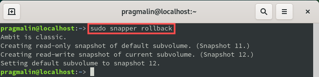 Terminal screenshot that shows the output of command "sudo snapper rollback". It's the command to use on openSUSE to rollback to the read-only snapshot that you just booted.