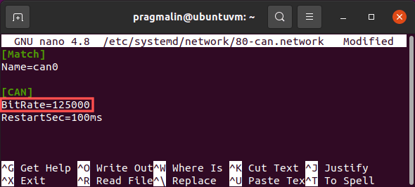 Screenshot of editing the SocketCAN related systemd-networkd configuration file to change the CAN communication bitrate speed (a.k.a. baudrate) to 125k.