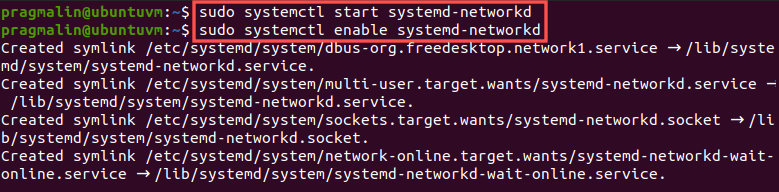 Terminal screenshot that shows how to start and enable the systemd-networkd service. The systemd-networkd service will be used later on to automatically configure and bring up a SocketCAN network interface.