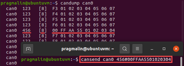 Screenshot of running the cansend program to transmit a CAN message on the CAN bus.