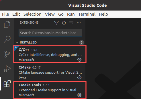 Screenshot of the needed Visual Studio Code extension to be able to import and work with CMake C and C++ projects.
