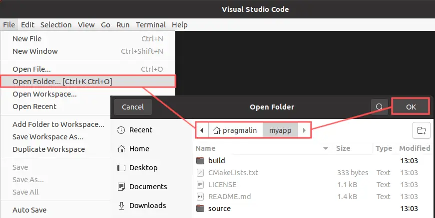 Visual Studio Code screenshot that shows you how to import a CMake project, simply by selecting "Open Folder" from the file menu.