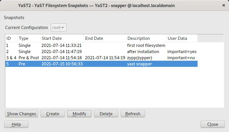 YaST filesystem snapshots dialog that shows the initially available Btrfs snapshots.