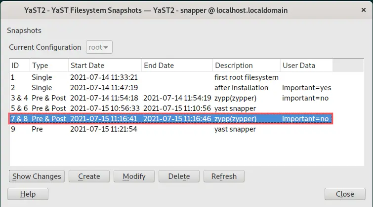 Screenshot of the YaST filesystem snapshots dialog, after installing HTOP with zypper. It highlights the pre and post snapshots related to the HTop installation.