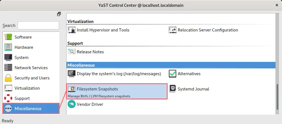 YaST screenshot that highlights how to open the dialog for listing and managing the available Btrfs snapshots.