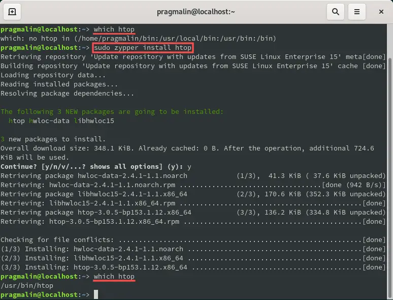 Terminal screenshot that shows how to install the HTOP program with zypper on openSUSE. 
