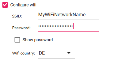 Screenshot of the Raspberry PI Imager advanced options, where you can configure your WiFi network SSID, password and country. 