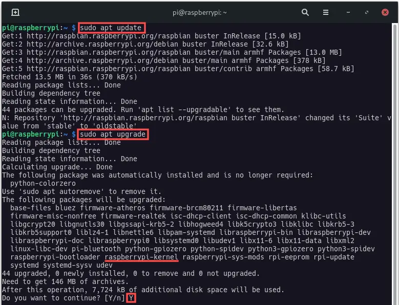 Terminal screenshot that shows you how to update your Raspberry PI system remotely via SSH.