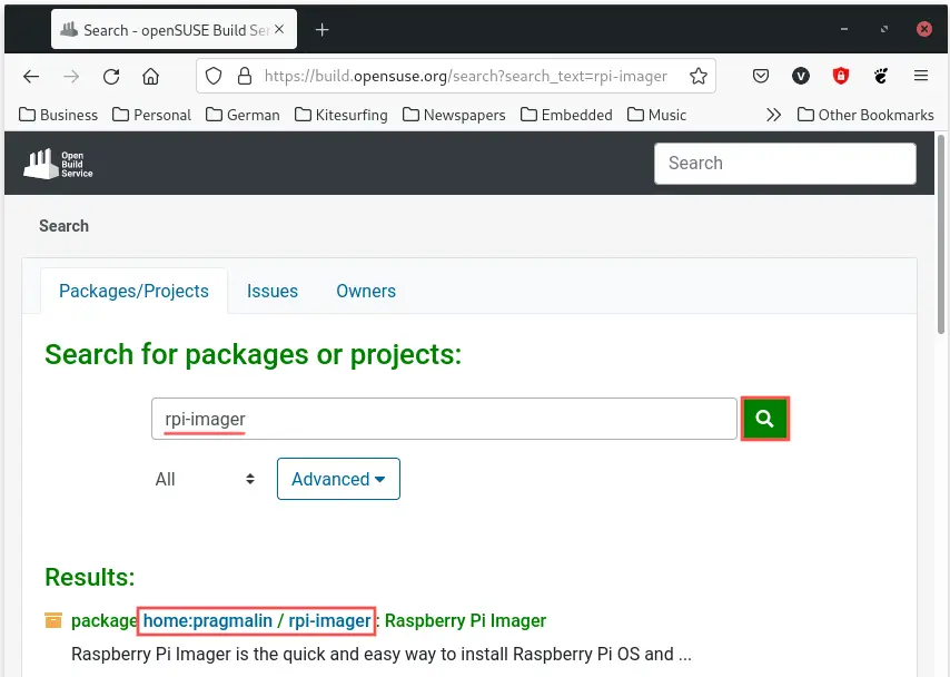 Web browser screenshot that shows how to find the Raspberry PI Imager (rpi-imager) on openSUSE OBS.