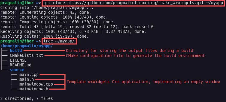 Terminal screenshot that shows you how to clone the wxWidgets C++ template project from GitHub, which will help you getting started with wxWidgets on Linux.