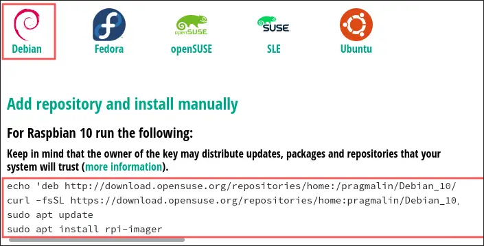 Screenshot that shows the installation instructions for the Raspberry PI Imager (rpi-imager) on Debian.