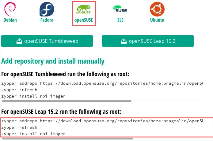 Screenshot that shows the installation instructions for the Raspberry PI Imager (rpi-imager) on openSUSE.