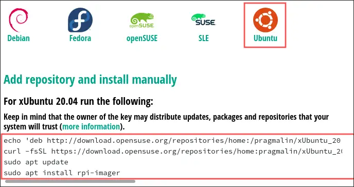 Screenshot that shows the installation instructions for the Raspberry PI Imager (rpi-imager) on Ubuntu.