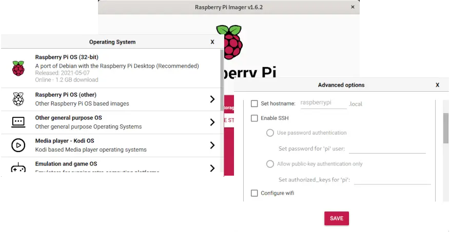 Screenshot of various Raspberry PI Imager dialogs to offer an introductory overview.
