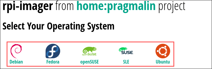 Web browser screenshot of PragmaticLinux's account on the openSUSE Open Build Services infrastructure. It specifically show the screen where you can download the Raspberry PI Imager software (rpi-imager) for most popular Linux distributions.