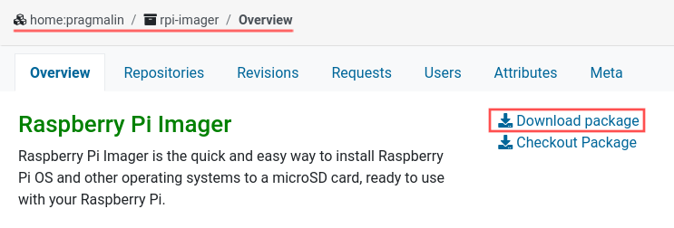 Web browser screenshot of the rpi-imager project on PragmaticLinux's OBS account. It highlights the "Download package" link.