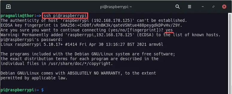 Terminal screenshot that shows how to remotely login with SSH to your Raspberry PI, after completing the headless setup.