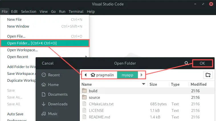 Visual Studio Code screenshot that shows you how to import the wxWidgets template project.