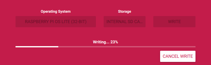 Raspberry PI Imager screenshot that shows what it looks like when the configured Raspberry PI operating system is being written to the SD card.